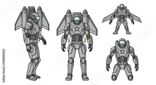 Futuristic Armor Suit With Jetpack And Wings Military Soldier Character Design Set For Science Fiction Games And Animation