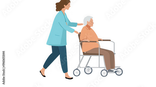 A caregiver assisting an elderly person in a wheelchair on transparent background