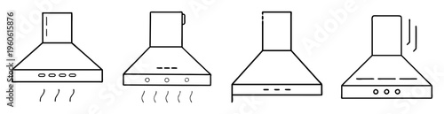 Four different kitchen range hood designs in black and white outline