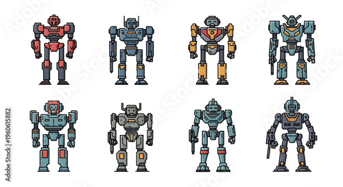 Collection of Eight Futuristic Robotic Characters with Detailed Mechanical Designs and Varied Color Schemes on White Background