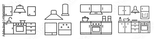 Line art illustration showcasing various kitchen designs and configurations in black and white