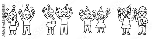 Cheerful children celebrating birthdays together, holding presents, cupcakes, and flowers