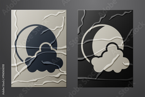 White Moon and stars icon isolated on crumpled paper background. Paper art style. Vector