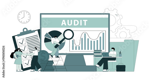 Financial, accounting, audit, analysis, consulting, statistics, tax audit. People conduct financial audits.eps
