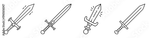 Line art illustration showcasing four differently stylized medieval swords in a row