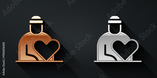 Gold and silver Volunteer icon isolated on black background. Care, love and good heart community support poor, homeless and elder persons. Long shadow style. Vector