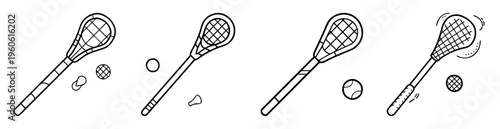 Four black and white line art drawings of lacrosse sticks and balls