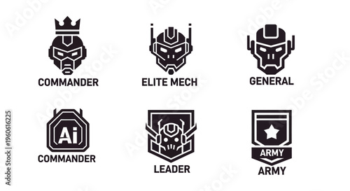A striking collection of futuristic mechanical commander portraits, featuring varied helmet designs in a clean, high-contrast, black-and-white vector format, showcasing military-themed leade