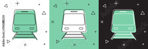 Set Train and railway icon isolated on white and green, black background. Public transportation symbol. Subway train transport. Metro underground. Vector