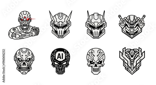 A striking and elaborate collection of stylized robot head designs and a cyborg bust in various poses, artistic vector line art, monochrome, representing artificial intelligence and futurist