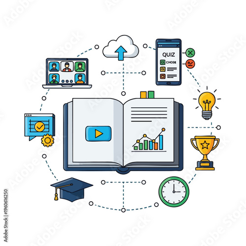 Digital learning icons arranged around an open book, symbolizing education