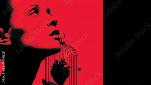 surreal female portrait with caged heart minimalist red illustration