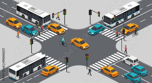 Busy City Intersection with Traffic Lights, Cars, Buses, and Pedestrians