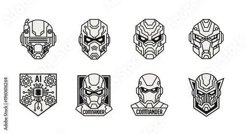 A collection of stylized, monochrome vector graphic portraits and badges of futuristic, science-fiction soldiers and commanders, showcasing detailed helmet designs and a computer chip emblem