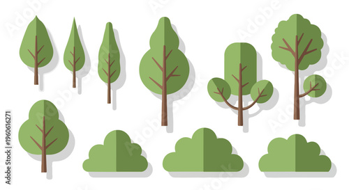 Set of 10 Flat Design Green Tree and Bush Vector Illustrations