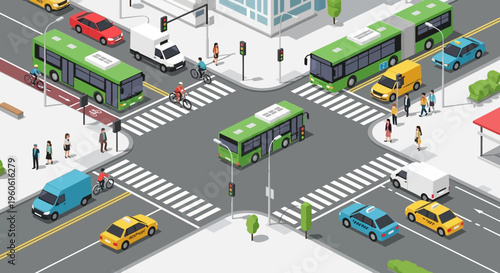 Busy City Intersection with Green Buses, Cars, and Pedestrians