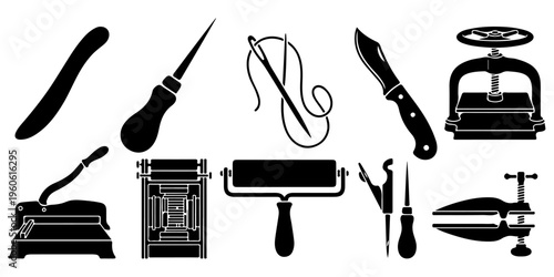 Vintage bookbinding and printing tools black silhouettes set. Antique manual book press, paper cutter, awl, and printing roller icons isolated