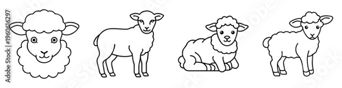 Black and white line drawing of four cute cartoon sheep