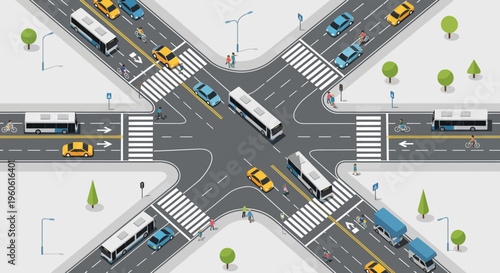 Busy City Intersection with Traffic and Pedestrians