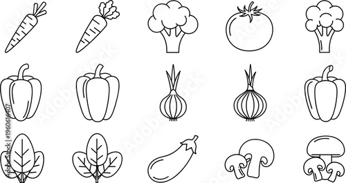 Hand drawn vegetable icon set with carrot broccoli tomato pepper onion eggplant mushroom and leafy greens outline vector collection