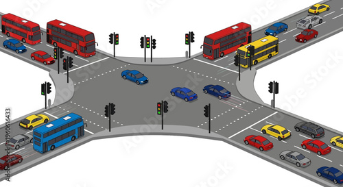 Busy City Intersection with Traffic Lights and Vehicles