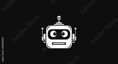 Minimalist graphic of a cute, friendly robot head in a flat-design style, outlined in white against a solid black background, showcasing modern technology and artificial intelligence in a si