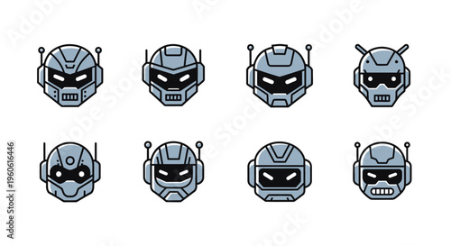 A captivating, symmetrical array of meticulously crafted, pixel-perfect robot face designs, showcasing diverse expressions and antenna configurations, ideal for futuristic tech, artificial i