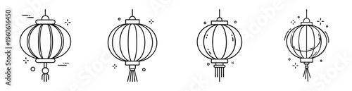 Collection of intricately designed black and white line art of Chinese lanterns