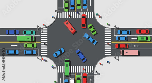 Busy Intersection with Traffic and Pedestrians, Urban Traffic Flow