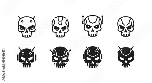 A collection of robotic and futuristic skull head icons in a minimalist and clean, line-art style, perfect for sci-fi, gaming, or technological design projects.