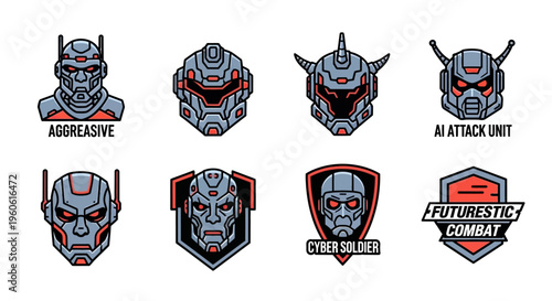A collection of stylized futuristic robot helmet designs in various poses and emblem formations, with bold outlines and a striking color palette of grey and red, reflecting a sci-fi theme fo