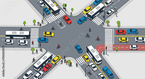 Busy intersection with cars, buses, and pedestrians, traffic congestion, urban transport