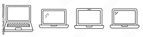 Four simplified outline illustrations of laptop computers, each with different shapes