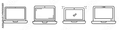 Four line art drawings depict different states of a laptop computer