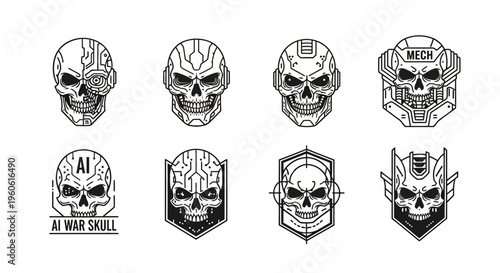 A collection of stylized black and white graphic skull designs with cybernetic elements and mechanical accents, perfect for war-themed concepts, representing modern technology and dystopian 