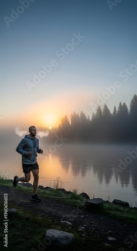 Athlete Running Outdoors Scenic Lake Foggy Morning, close-up shot of male jogger exercising in beautiful natural environment at dawn.