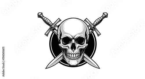 Detailed monochromatic, stylized artistic rendering of a human skull with crossed swords, set inside a black circular background, conveying concepts of danger, death, and piracy on white.