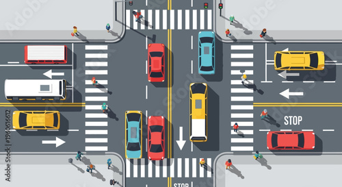 Busy intersection with cars and pedestrians, urban traffic, city street scene