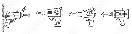 Line Art Depiction of Four Futuristic Space Guns with Retro Designs