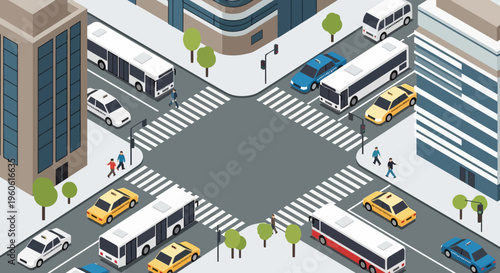 Busy City Intersection with Traffic and Pedestrians, Isometric View