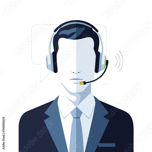 Flat graphic of a faceless person with headset and suit, communicating