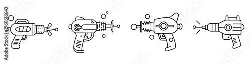 Line art illustration of four retro ray guns with scifi designs