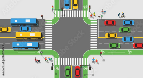 Busy Urban Intersection with Cars, Buses, Pedestrians, and Bike Lanes