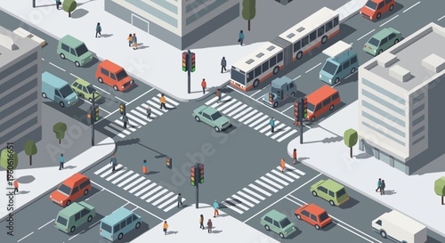 Busy city intersection with cars, buses, and pedestrians in isometric view