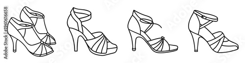 Four pairs of high heel shoes, fashion illustration, black and white drawing