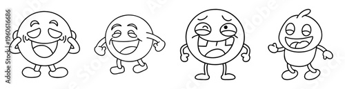 Four cartoon emoji characters with different facial expressions in black outline