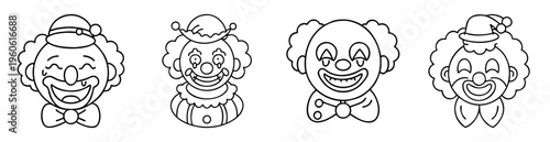 Outlined images depicting happy and friendly cartoon clown faces for coloring