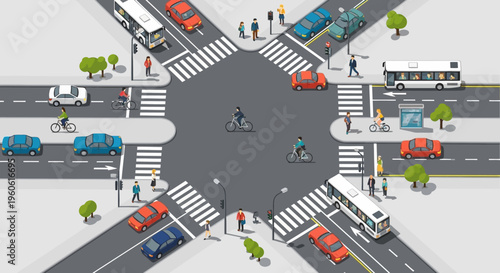 Busy city intersection with cars, buses, cyclists, and pedestrians