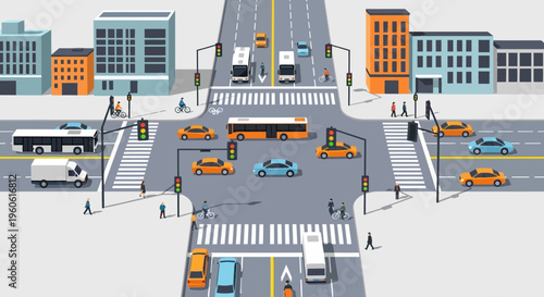 Busy City Intersection with Traffic Lights, Cars, Buses, and Pedestrians