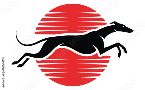 Black silhouette of a running greyhound dog against a red striped sun circle
